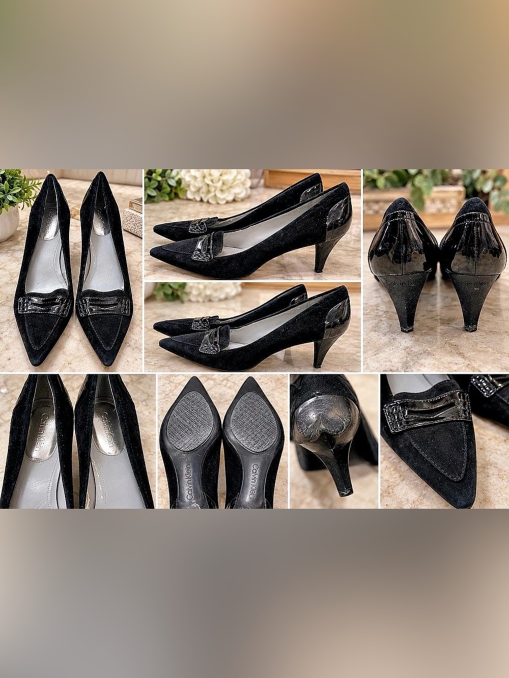 Calvin Klein Black Suede Pointed Toe Kitten Heel Pumps Women’s Size 7.5